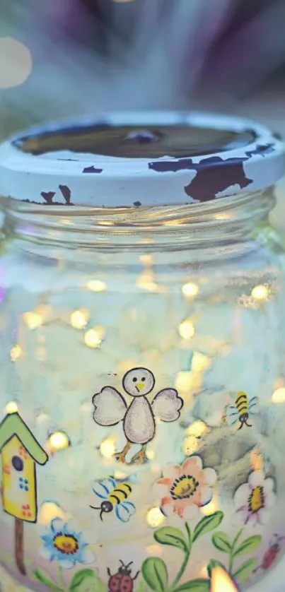 Whimsical mason jar with fairy lights and floral designs creating a magical ambiance.