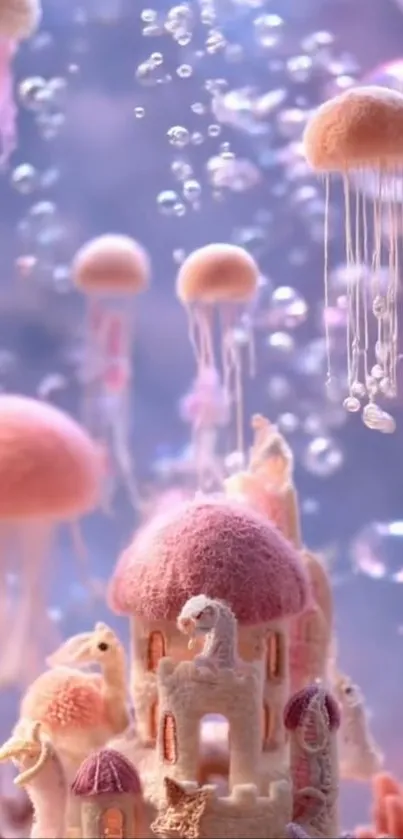 Whimsical fantasy scene with jellyfish and castle.
