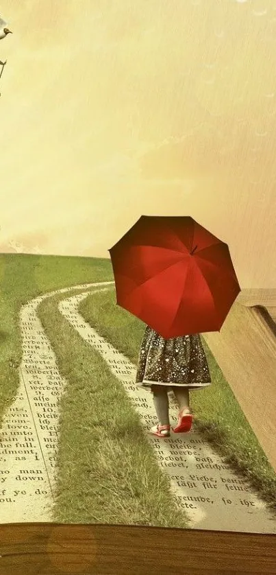 Whimsical scene with red umbrella and vintage book path.