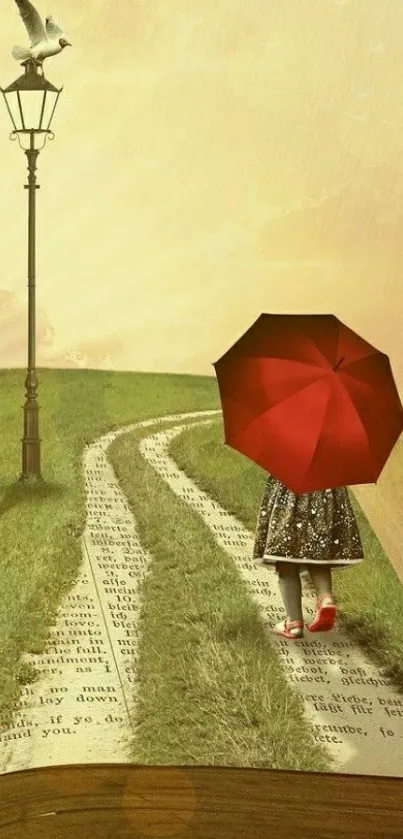 Child with red umbrella on book-page path in a whimsical landscape.