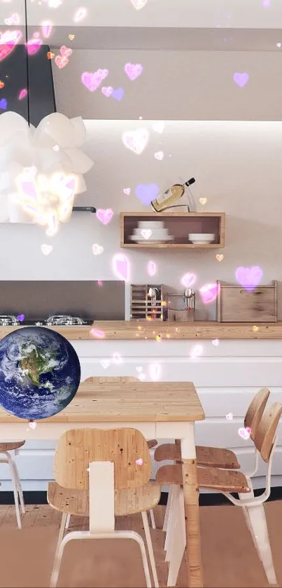 Kitchen with floating hearts and Earth globe decoration.
