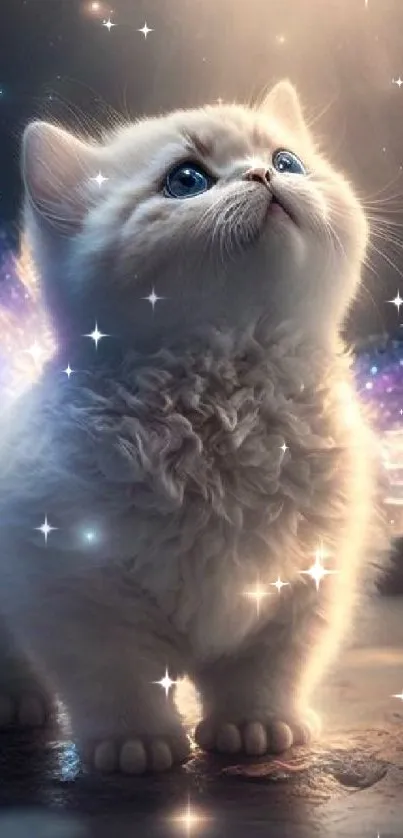 Whimsical wallpaper of a fluffy kitten with angelic wings.