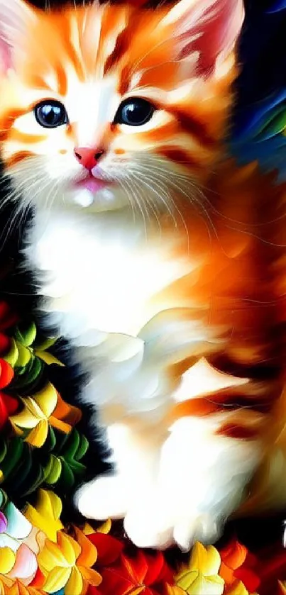 Vibrant, colorful kitten with floral backdrop.