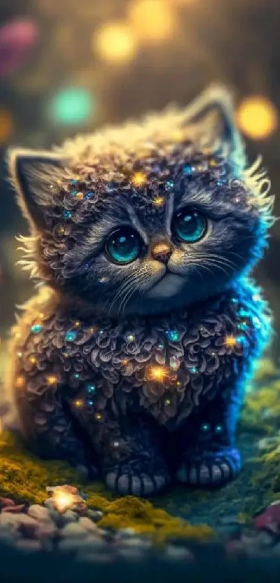 Mystical kitten with lights in enchanted forest wallpaper.