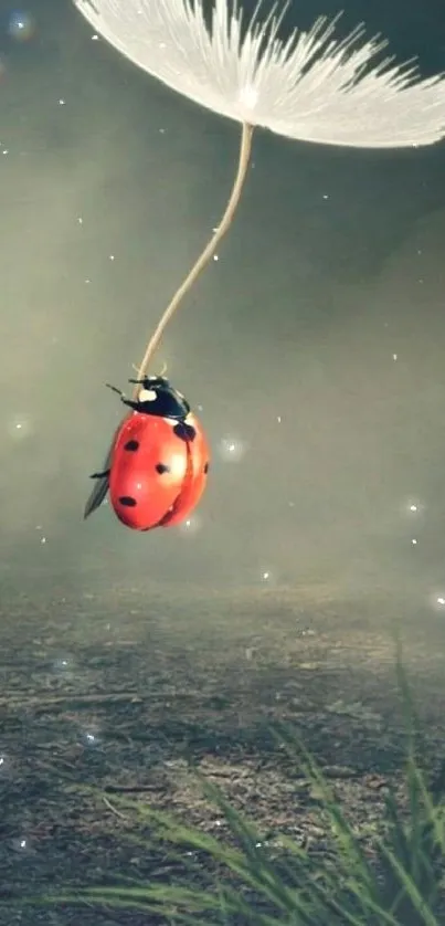 Ladybug on dandelion seed in misty setting wallpaper.