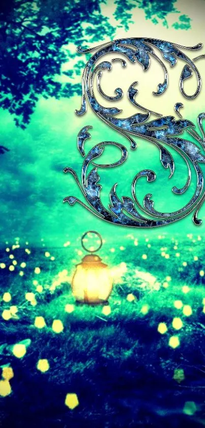 Fantasy forest wallpaper with glowing lantern and ornate letter.