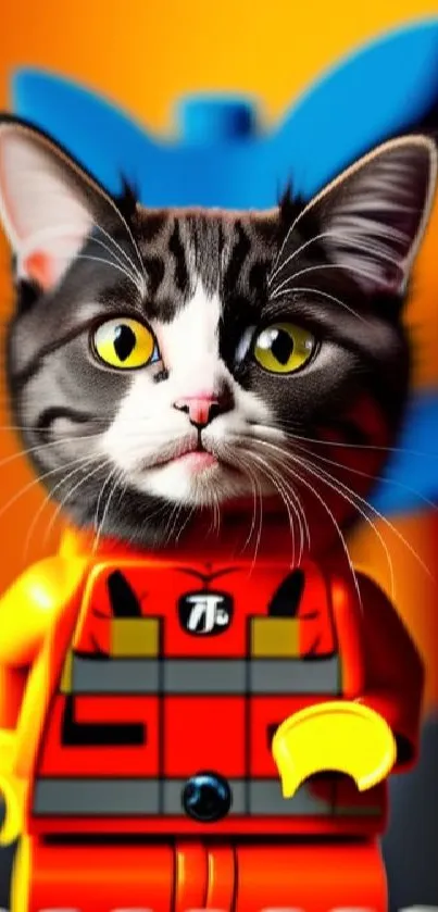 Mobile wallpaper featuring a cat-headed Lego figure with orange and blue background.