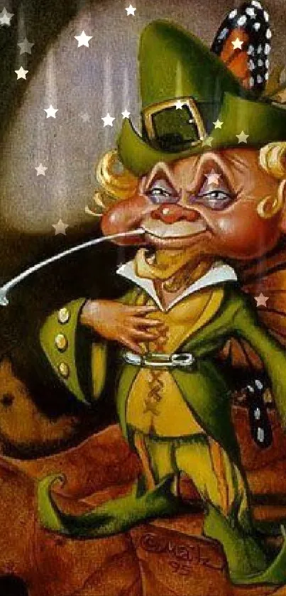 Leprechaun with butterfly wings, holding a pipe, in a whimsical fantasy setting.