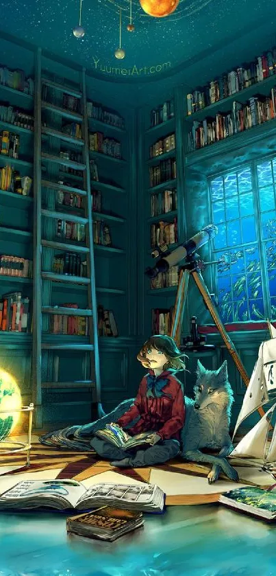 Whimsical library wallpaper featuring cosmic elements and an enchanting scenery.