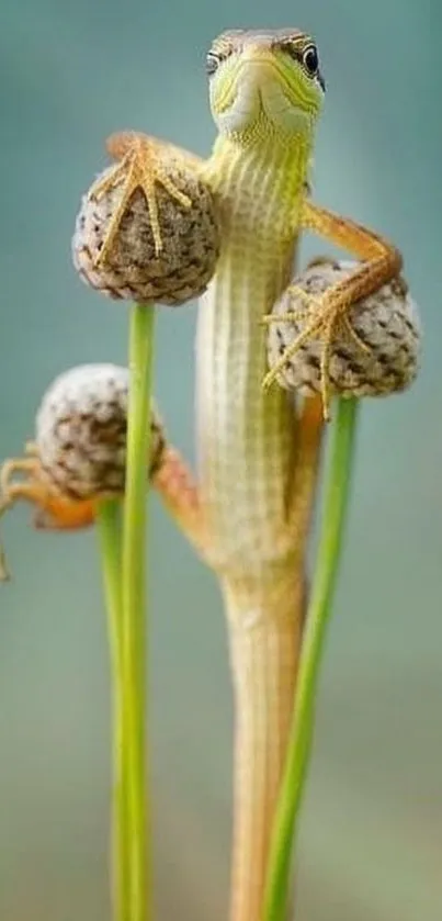 A cute lizard perched on tall green plants with a natural background.