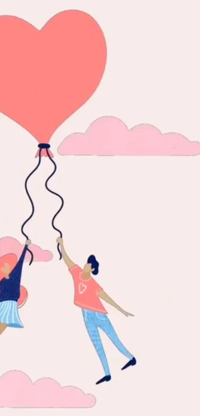 Couple floating with heart balloon in pink sky.