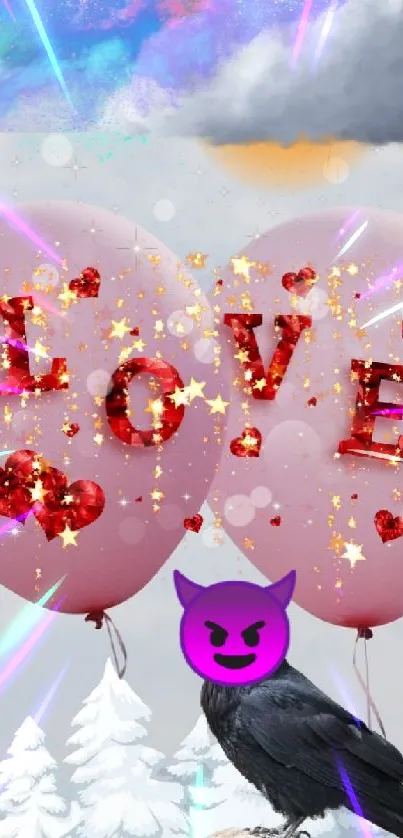 Whimsical wallpaper with pink love balloons and crow against colorful clouds.