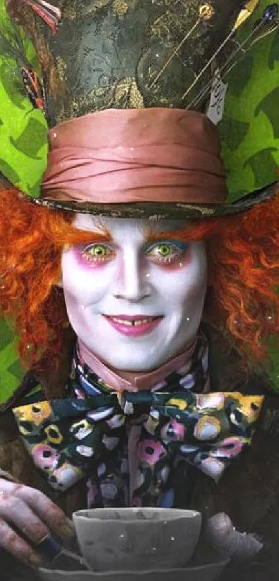 Vivid Mad Hatter character portrait on green background wallpaper.