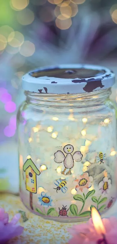 Whimsical mason jar with glowing fairy lights and colorful painted flowers.