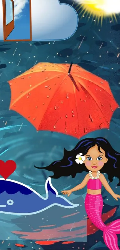 Whimsical mermaid with ocean scene featuring red umbrella and blue whale.