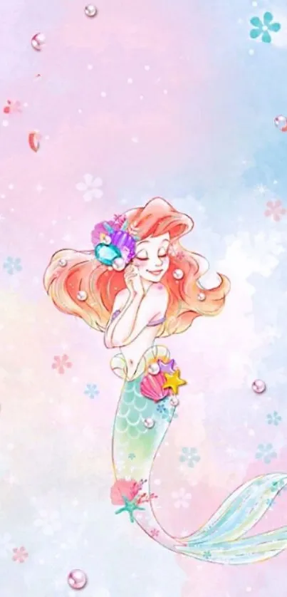 Whimsical mermaid art on pastel background.