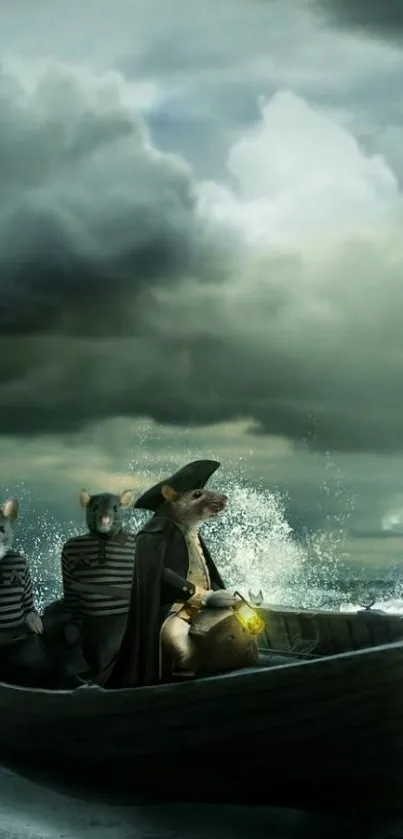 Three mice in sailor outfits on a boat in a stormy sea.