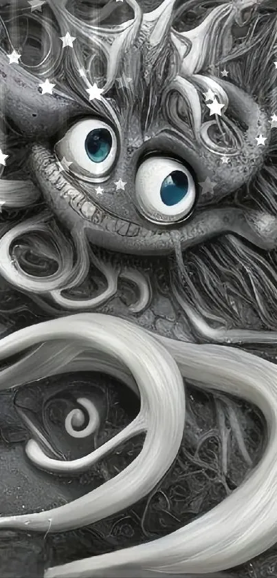 Whimsical monster artwork with blue eyes in grayscale.