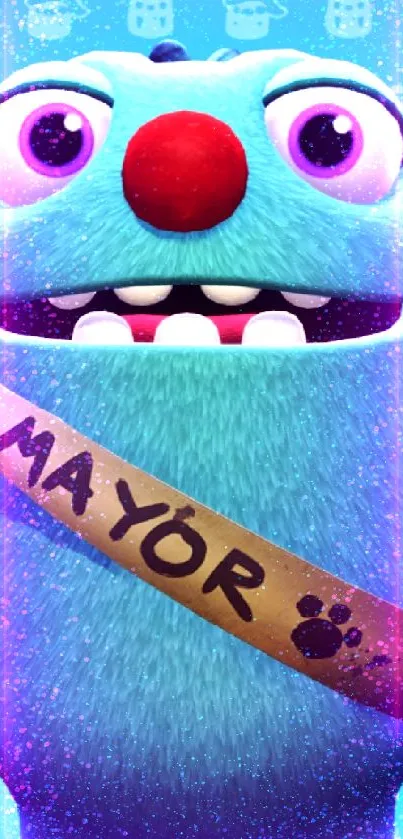 Blue cartoon monster with 'Mayor' sash in fun wallpaper.