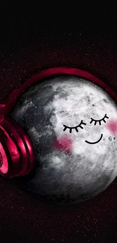 Smiling moon wearing pink headphones on a black wallpaper.