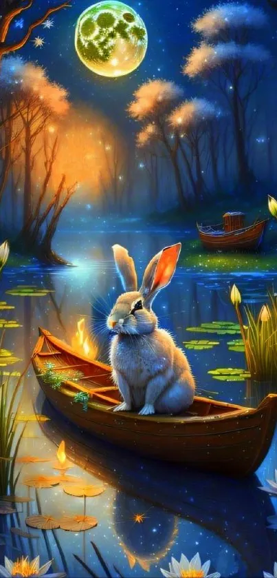 Whimsical bunny in a boat under a moonlit sky, surrounded by glowing flora.