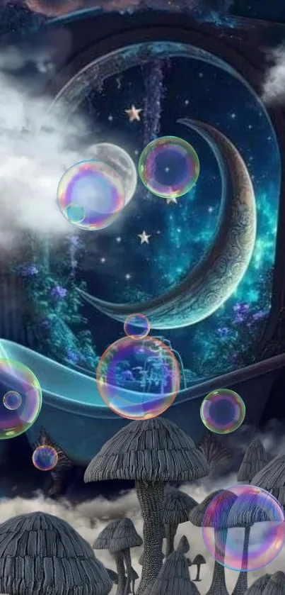 Whimsical moonlit scene with bubbles and mushrooms, perfect for a dreamy atmosphere.