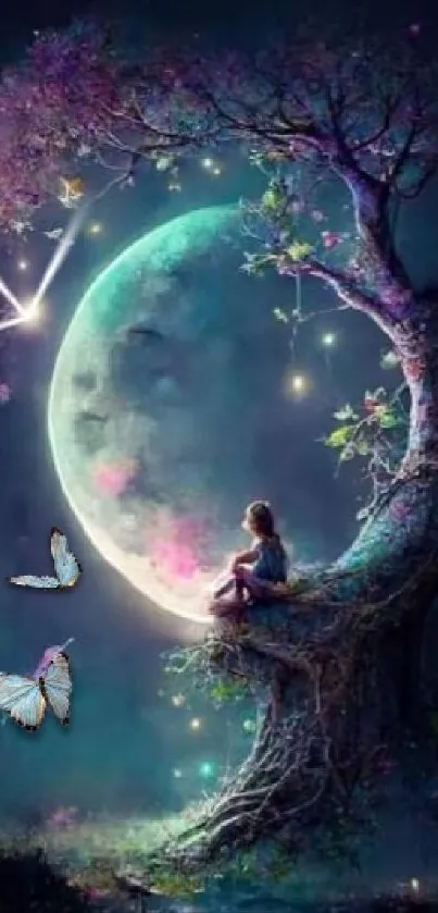 A whimsical scene with a glowing moon, tree, and butterflies in a fantasy setting.