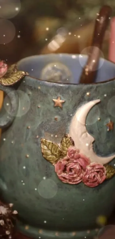 Green mug with moon, roses, and stars design.