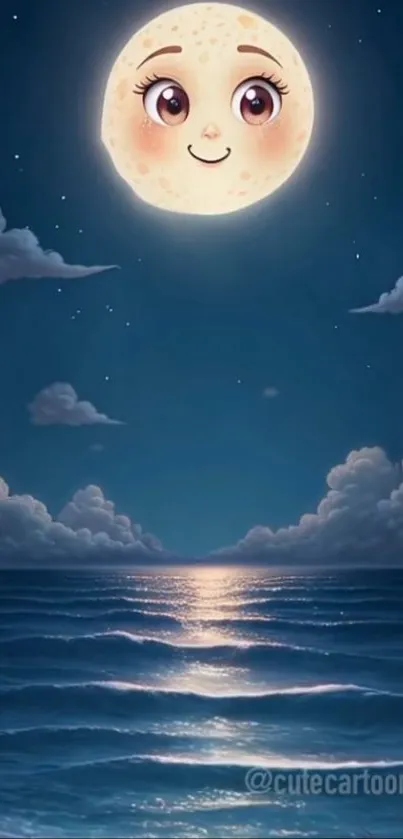 Whimsical moonlit ocean with smiling moon.