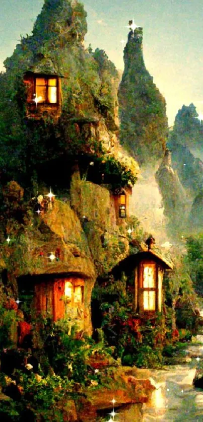 Whimsical mountain cottages with lush greenery and flowing stream.