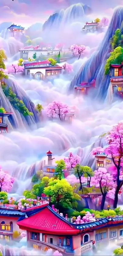 Whimsical village with cherry blossoms and misty waterfalls in a colorful landscape.
