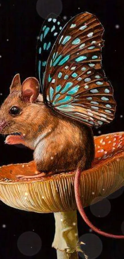 Mouse with butterfly wings on a mushroom, creating a whimsical fantasy scene.