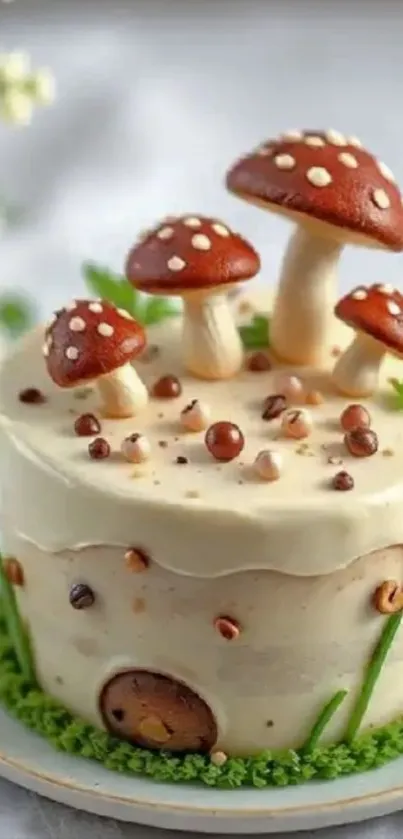 Whimsical cream cake with mushroom decorations.