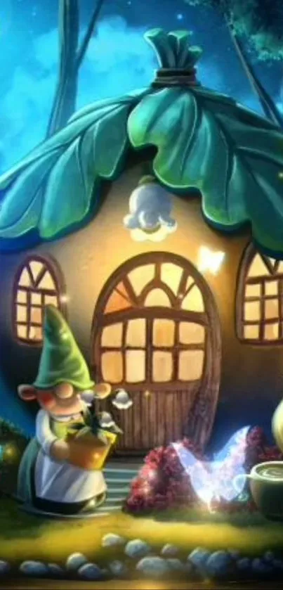 Whimsical mushroom cottage in magical moonlit forest with gnome.