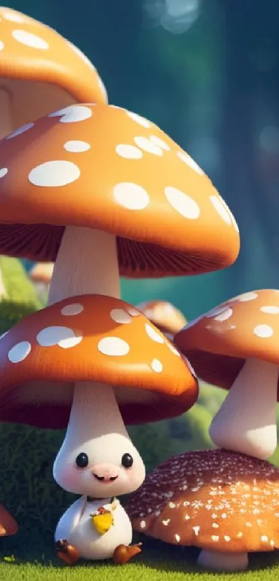 Whimsical mushroom fantasy art with cute character in forest setting.