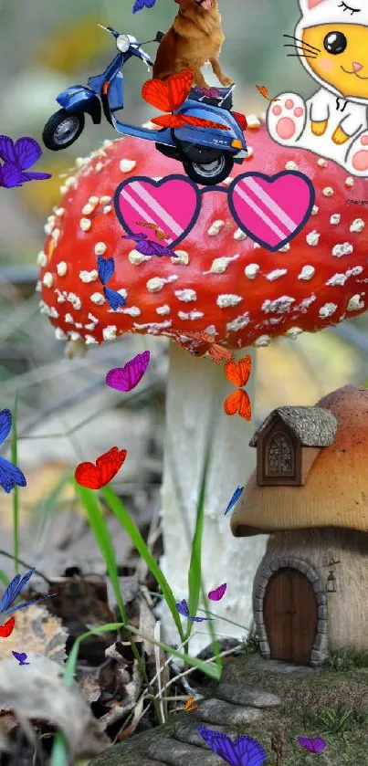 Whimsical fantasy wallpaper with mushroom and cute animals.