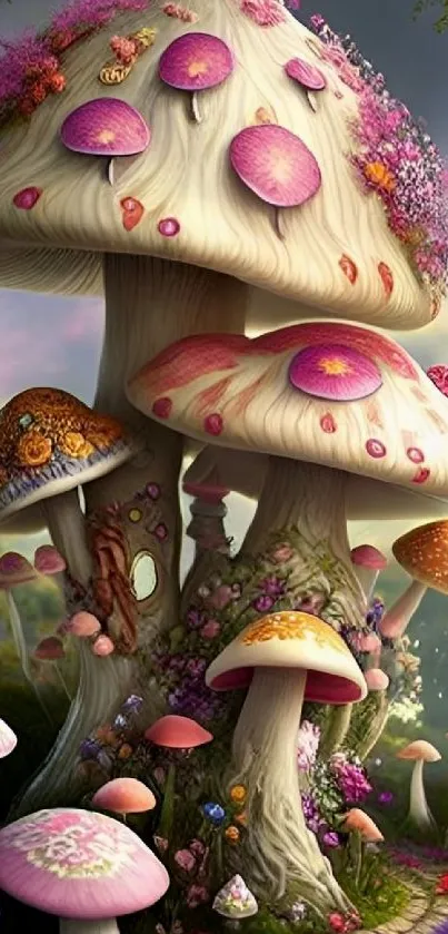 Whimsical mushroom houses in a magical forest setting with vibrant colors.