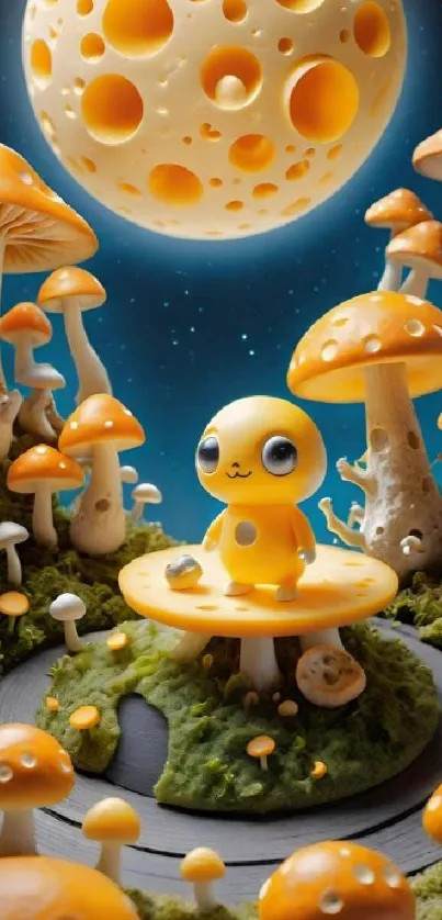 Whimsical fantasy wallpaper with mushrooms and a cute character under a magical moon.