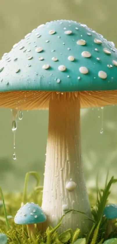 Whimsical blue mushroom in a serene forest.