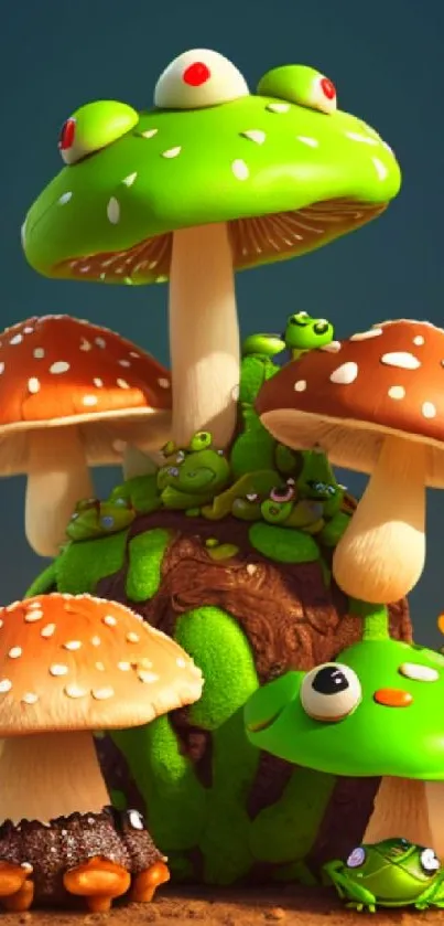 Whimsical mushrooms with frogs in a colorful forest setting.