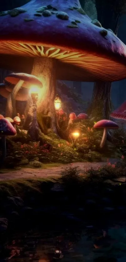 Magical glowing mushrooms in a serene forest at night.