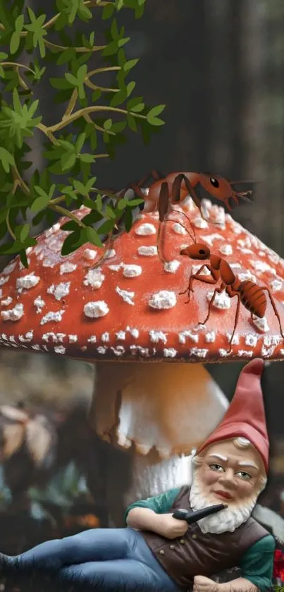 Whimsical garden gnome with red mushroom.