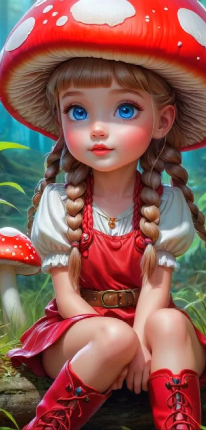 Whimsical girl with mushroom hat in forest setting.