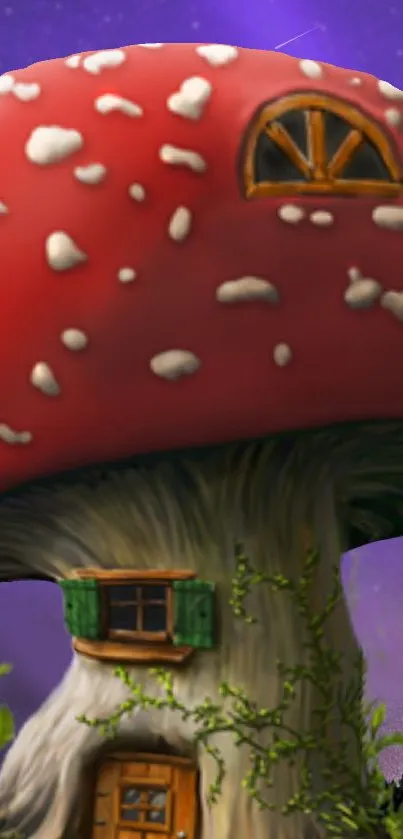 Whimsical mushroom house wallpaper with purple sky.