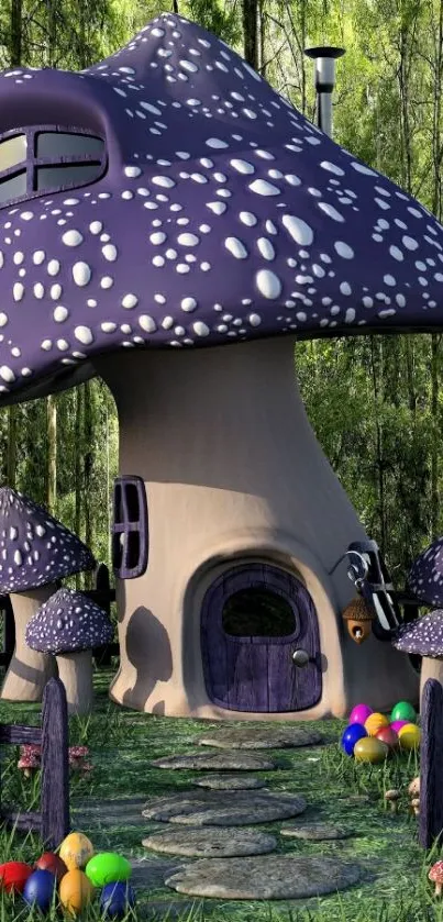 Whimsical purple mushroom house in a forest.