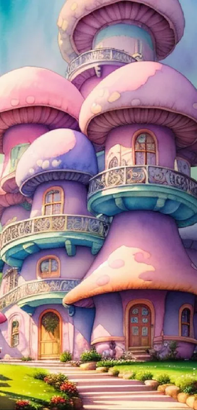 Whimsical mushroom house with vibrant colors in fantasy art style.