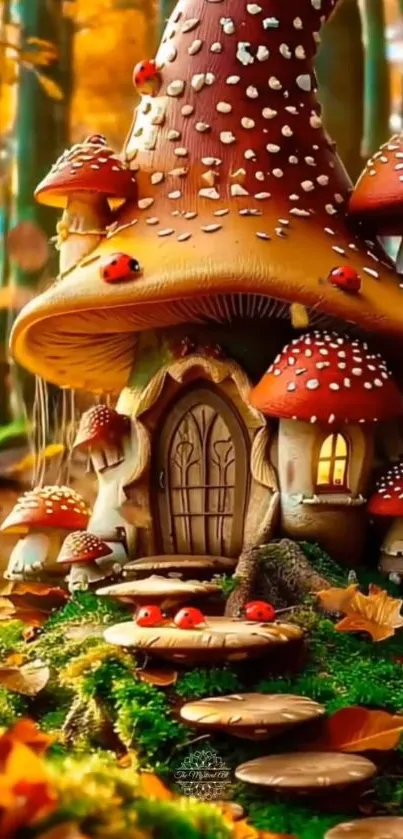 Whimsical mushroom house in a vibrant forest setting with autumn colors.