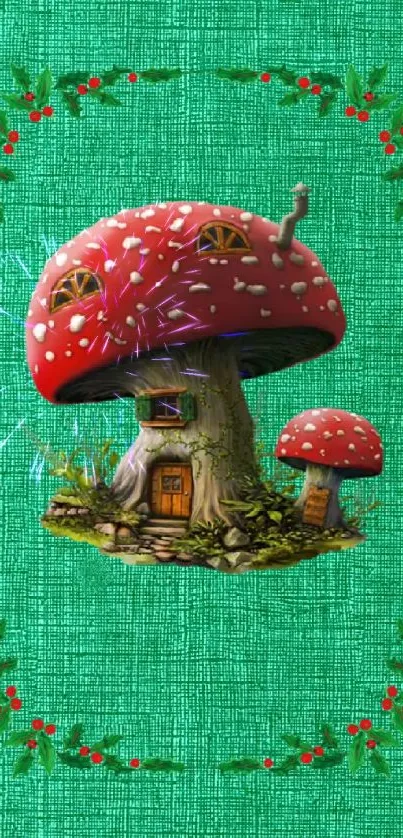 Whimsical mushroom house on green textured background.