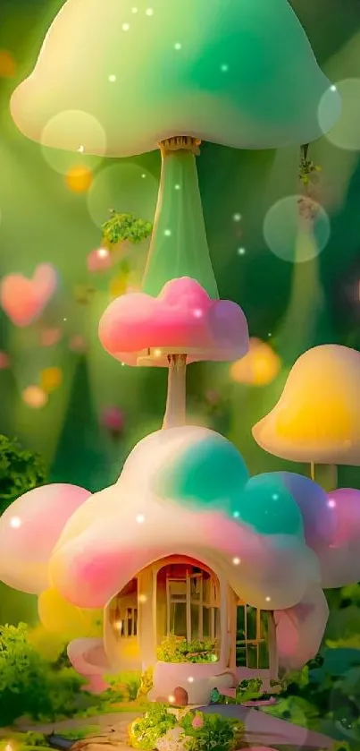 Whimsical mushroom house with vibrant pastel hues and an enchanting forest backdrop.