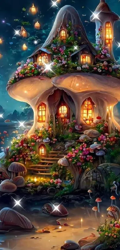 Whimsical mushroom house with glowing lights by the sea at night.